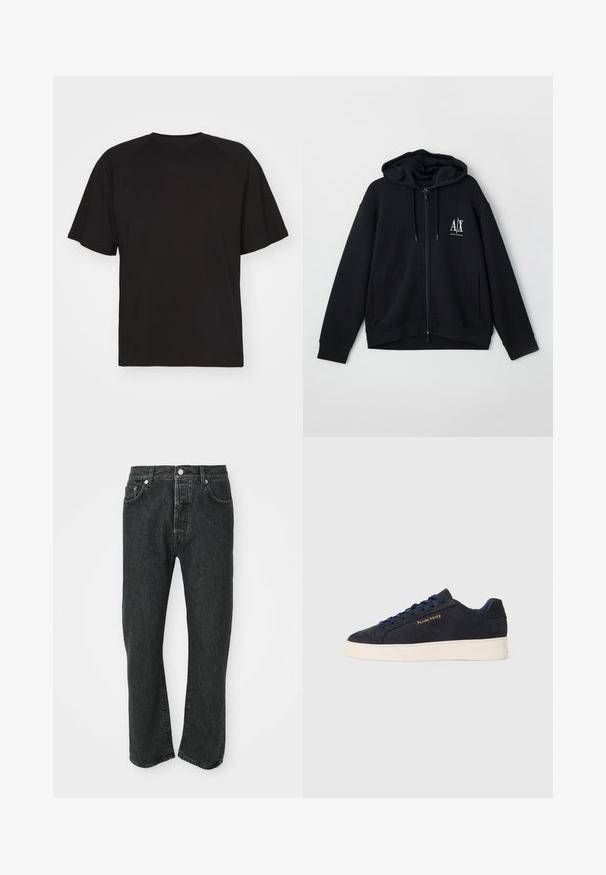 Fekete, cipzáros kapucnis pulóver, puha anyagból készült, bélelt kapucnival, két elülső zsebbel és egy kis fehér logóval a bal mellen.; Essential Collective ORGANIC COTTON - Basic póló - black; Fekete, egyenes szabású farmernadrág elöl gombos és cipzáras záródással, elülső és hátsó zsebekkel, fehér háttér előtt.; Sötétkék velúr, alacsony szárú teniszcipő fehér talppal, sötétkék fűzőkkel és arany színű "Filling Pieces" logóval az oldalán.