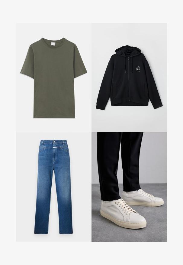 Črna zip-up kapuca iz mehkega blaga, z podloženim kapucem, dvema sprednjima žepoma in majhnim belim logotipom na levi strani prsnega koša.; Enostavna temno olivno zelena kratka majica s krojnim izrezom in majhnim belim logotipom blagovne znamke na zadnjem ovratniku.; Modri jeans s ravnim krojem, ki vključujejo gumbasto zapiranje, zanke za pas in subtilno zbledelost na stegnih.; Svetlo bež usnjeni športni čevlji z ravnimi vezalkami, teksturirano površino in kontrastnim smetanastim gumijastim podplatom, v kombinaciji s črnimi oprijetimi hlačami.