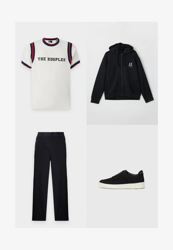 Sort lynlås hoodie lavet af blød stof, med en foret hætte, to forlommer og et lille hvidt logo på venstre bryst.; Hvid t-shirt med rund hals, featuring blå og røde stribede detaljer på ærmerne, og "THE KOOPLES" broderet med fede bogstaver på forsiden.; Sorte bukser i let, struktureret stof, med lige ben, elastisk talje og sidelommer med lynlås.; Sort ruskinds sneaker med snørebånd og kontrasterende hvid gummisål. Har teksturerede sidepaneler og diskret branding på hælen.