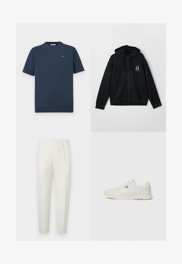 Fekete, cipzáros kapucnis pulóver, puha anyagból készült, bélelt kapucnival, két elülső zsebbel és egy kis fehér logóval a bal mellen.; Tengerészkék, rövid ujjú póló kerek nyakkal, bal melle részén egy kis fehér "NN. 07" logóval, fehér háttérrel.; Fehér, karcsúsított nadrág elasztikus derékpánthoz, két oldalzsebbel és sima, enyhén fényes anyaggal.; Alacsony szárú fehér tornacipő fűzős elejével, sima talppal és kis fémlogóval az oldalon, egyszerű háttér előtt bemutatva.