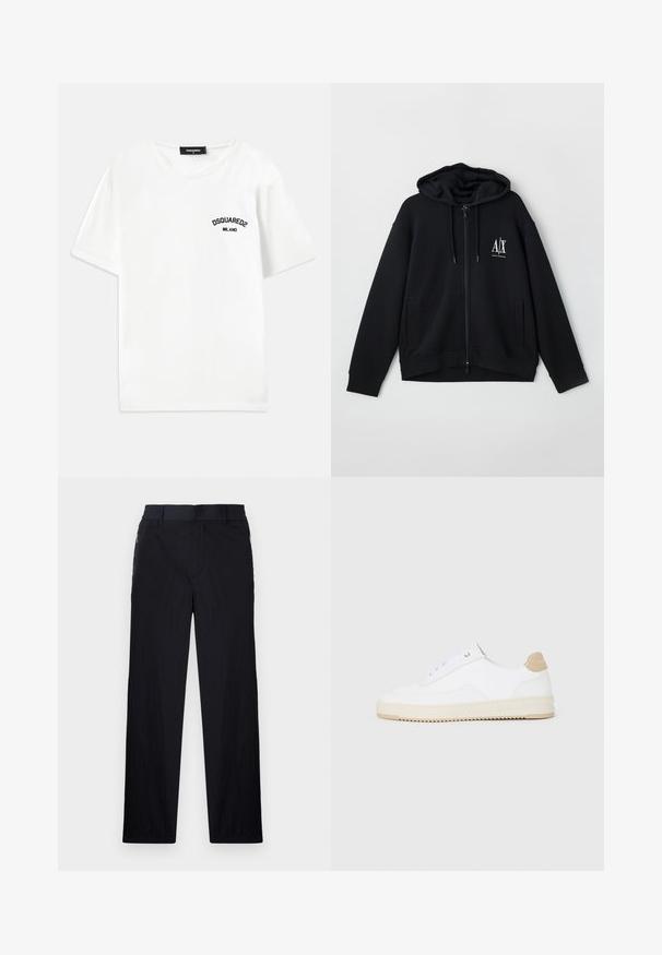 Črna zip-up kapuca iz mehkega blaga, z podloženim kapucem, dvema sprednjima žepoma in majhnim belim logotipom na levi strani prsnega koša.; Bela bombažna majica s krojem okoli vratu, kratkimi rokavi in črnim izvezenim logotipom z napisom "DSQUARED2 MILANO" na levi prsni strani.; Črne hlače iz lahke, teksturirane tkanine, ravne noge, elastičen pas in stranski žepki na zadrgo.; Bele nizke superge z zgornjim delom iz teksturirane usnjene površine, smetano obrobljenim podplatom in svetlo rjavo akcentom na peti. Imajo bele vezalke in podrobnost z logotipom na peti.