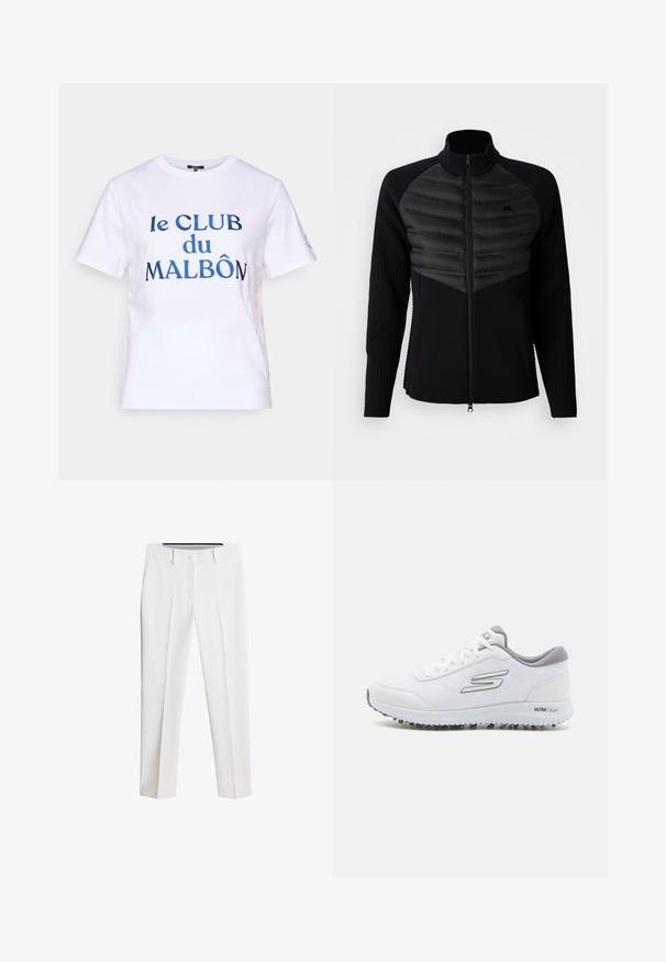 Czarna kurtka na zamek z wyściełanym panelem na klatce piersiowej, prążkowanymi długimi rękawami i wysokim kołnierzem, z małym haftowanym logo na klatce.; Biała bawełniana koszulka z krótkim rękawem. Ozdobiona niebieskim haftowanym napisem "le CLUB du MALBÔN." Klasyczny krój z okrągłym dekoltem.; Białe spodnie wykonane z gładkiego materiału, charakteryzujące się prostym krojem nogawki, przednimi kieszeniami oraz zapięciem na guzik z delikatnymi fałdami.; Białe sportowe buty z teksturowanym siateczkowym wierzchem, srebrnymi akcentami i lekką podeszwą z małymi stożkami trakcyjnymi, oznaczone "ULTRA FLIGHT".