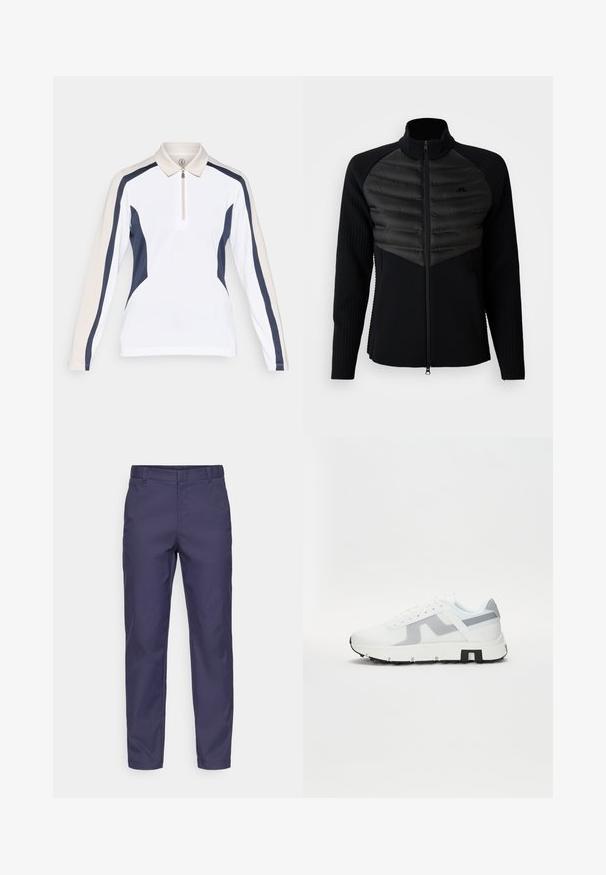 Czarna kurtka na zamek z wyściełanym panelem na klatce piersiowej, prążkowanymi długimi rękawami i wysokim kołnierzem, z małym haftowanym logo na klatce.; Koszulka polo z długim rękawem o białym przodzie, granatowych akcentach po bokach i jasnobeżowych ramionach. Posiada zamek błyskawiczny w kołnierzyku, co pozwala na regulację noszenia.; Granatowe spodnie wykonane z mieszanki bawełny, w stylu slim fit, z płaskim przodem i szlufkami na pasek, o gładkiej fakturze i prostych liniach.; Białe sportowe sneakersy z szarymi akcentami, teksturowaną cholewką, grubą podeszwą i kontrastowym czarnym detalem na pięcie. Sznurowane, z panelami z siateczki.