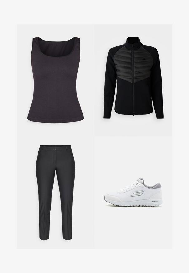 Jachetă neagră cu fermoar, dotată cu panou umplut pe piept, mâneci lungi cu nervuri și guler înalt, având un mic logo brodat pe piept.; Top fără mâneci de culoare gri închis, cu decolteu rotund și bretele subțiri, având un design ajustat și o textură netedă.; Pantaloni negri, croiți pe măsură, cu o textură netedă, având închidere cu nasture, fermoar și două buzunare laterale. Croi slim, cu picioare engrosate.; Încălțăminte sportivă albă cu un upper din plasă texturată, accente argintii și o talpă ușoară cu mici piste de aderare, etichetată "ULTRA FLIGHT."
