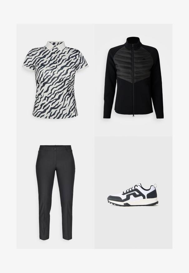 Μαύρο μπουφάν με φερμουάρ, με επενδεδυμένο πάνελ στο στήθος, ριμπ μανίκια και ψηλό γιακά, που διαθέτει ένα μικρό κεντημένο λογότυπο στο στήθος.; Μπλουζάκι polo κοντό μανίκι με λευκή βάση και μαύρο σχέδιο zebra; διαθέτει γιακά και τρεις κουμπιά στην πατιλέτα; λογότυπο στον γιακά.; Μαύρο ταγέρ παντελόνι με λεία υφή, διαθέτοντας κούμπωμα με κουμπί, φερμουάρ και δύο πλαϊνές τσέπες. Στενή γραμμή με σ tapered πόδια.; Λευκό και μαύρο χαμηλό sneaker με μοτίβο στην καουτσούκ σόλα και ζιγκ-ζαγκ σχέδιο κατά μήκος της πλευράς, εμφανίζεται από την εξωτερική πλευρά σε ουδέτερο φόντο.