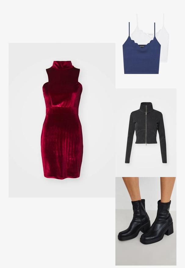 Pasukta juoda džinsinė striukė su aukšta apykakle, visišku užtrauktuku ir ilgomis rankovėmis. Pasižymi kreivų siūlių dizainu ir subtiliu tekstūriškumu.; Raudonos veliūro suknelės su imituotu kaklu, be rankovių dizainu, prigludusia suknele ir tekstūruota paviršiumi. Kelio ilgio kirpimas su glotnia, blizgia medžiaga.; Tamsiai mėlynas ir baltas medvilninis braletės komplektas su banguotu iškirpimu, plonomis reguliuojamomis petnešėlėmis ir prigludusia siluetu. Logotipo etiketė vidinėje tamsiai mėlynos dalies pusėje.; Juodos odinės kotarinės botinai su aukštu blokuotu kulnu, šonu užtrauktuku, lygiu paviršiumi ir siaurėjantįjį plyšį dizainu.