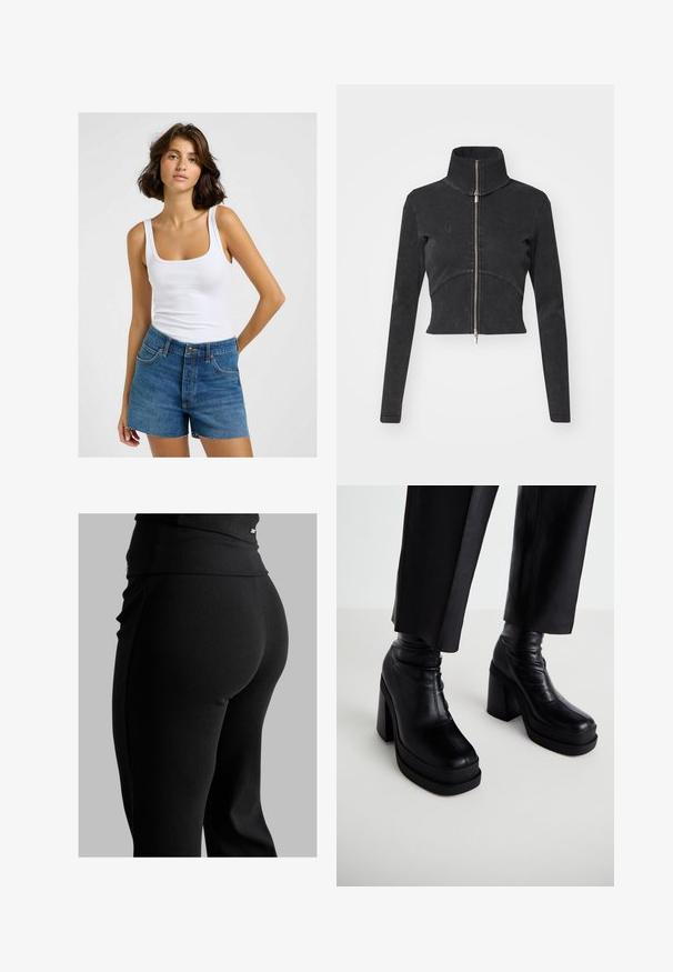 Cropperet sort denimjakke med høj krave, fuld lynlås og lange ærmer. Har en buet sømdesign og subtile teksturer.; Hvid ribbet tanktop med firkantet udskæring, parret med højtaljede blå denimshorts med frynset kant og traditionelt fem-lommet design.; Sorte ribbede leggings med høj talje, tætsiddende form og glat tekstur. Inkluderer subtile hardware-detaljer på taljen.; Sorte læderplatform ankelstøvler med en høj blokhæl og glat tekstur. Har syningsdetaljer og et tætsiddende design.