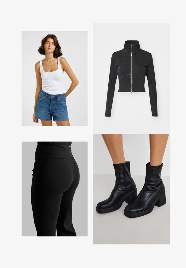 Cropperet sort denimjakke med høj krave, fuld lynlås og lange ærmer. Har en buet sømdesign og subtile teksturer.; Hvid ribbet tanktop med firkantet udskæring, parret med højtaljede blå denimshorts med frynset kant og traditionelt fem-lommet design.; Sorte ribbede leggings med høj talje, tætsiddende form og glat tekstur. Inkluderer subtile hardware-detaljer på taljen.; Sorte læder ankelstøvler med en høj blokhæl, der har en sidelukning, glat overflade og en spidse tå-design.