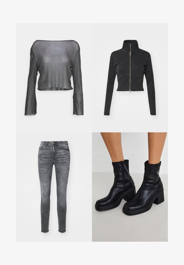 Izgriezta melna džinsu jaka ar augstu apkakli, pilnu rāvējslēdzēju un garām piedurknēm. Iezīmējas ar izliekto šuvju dizainu un smalku tekstūru.; Igriezts melns krekls ar garām piedurknēm un metālisku mirdzumu. Izgatavots no caurspīdīga, viegla auduma, ar plašu kakla izgriezumu un taisnu apakšu.; Tievās džinsos ar izbalējušu pelēku krāsu, kuriem ir augsta jostasvieta, pogu aizdare un nolietota apakšmala. Izgatavoti no džinsa auduma ar smalkām tekstūras variācijām.; Melni ādas potītes zābaki ar augstu blokveida papēdi, ar sānu rāvējslēdzēju, gludu tekstūru un sašaurinātu purngalu.