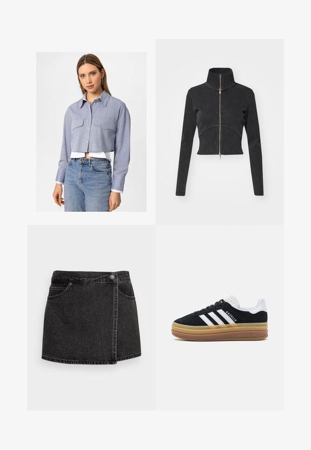Przycięta czarna kurtka dżinsowa z wysokim kołnierzem, pełnym zamkiem i długimi rękawami. Posiada krzywą linię szwu i subtelną fakturę.; Przycięta niebieska koszula chambray z długimi rękawami, dwiema kieszeniami na piersi i białym kołnierzykiem zapinanym na guziki, założona na białą koszulę.; Czarna dżinsowa mini spódniczka z lekko strzępionym dołem, dwiema przednimi kieszeniami i srebrnym zapięciem na guzik. Posiada boczny krój w stylu wrap.; Czarne zamszowe sneakersy z białymi akcentami i trzema paskami, z teksturowanym białym piętkiem, gumową podeszwą oraz brandingiem "Gazelle".