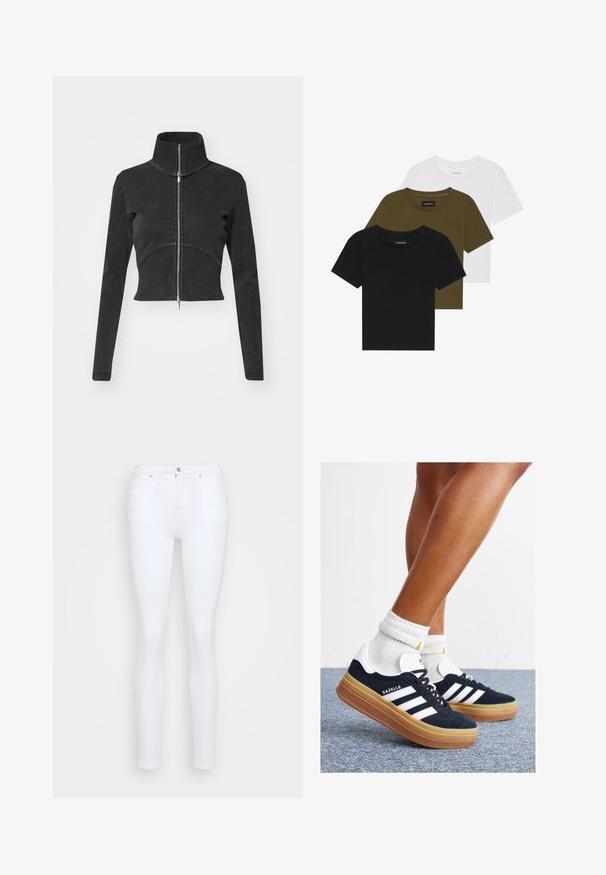 Lühendatud must denimpusa kõrge kraega, täispikkuse tõmblukuga ja pikkade varrukatega. Omab kõverat õmbluse disaini ja peent tekstuuri.; Kolmest crew-neck t-särgist must, oliiviroheline ja valge. Lühikesed varrukad, soonikkoes kaelus ja kohandatud disain.; Valged kitsad teksapüksid, mis on valmistatud denimist, kõrge vöökoht, viis taskut, nupuga sulgemine ja sile, ühtlane pind.; Mustad seemisnahast tossud valgete triipude ja detailidega, ümarate varbassosadega, kummist välistallaga, paaritatud valgete soonikuliste meessokkidega.