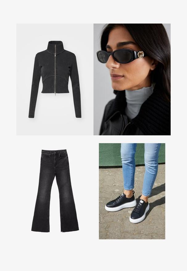Giacca in denim nero tagliata con colletto alto, zip intera e maniche lunghe. Presenta un design a cucitura curva e una texture sottile.; Top in cotone bianco senza maniche, con scollatura ampia e linea aderente. Tessuto liscio, design semplice e dettagli di cucitura minimi.; Jeans in denim nero svasati con orlo grezzo, caratterizzati da un design a cinque tasche e chiusura a bottone. Realizzati in un tessuto resistente e testurizzato.; Sneaker in pelle nera con suole in gomma bianca, caratterizzate da una finitura liscia, punta arrotondata e lacci piatti. Indossati con jeans azzurri chiari.; Occhiali da sole neri con una montatura rettangolare elegante e un accento del logo dorato sul lato. Le lenti scure e la finitura lucida sono evidenti.