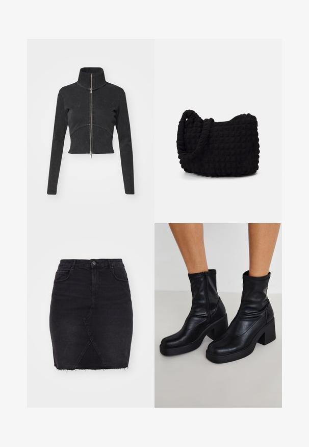 Jaqueta de denim preta cortada com colarinho alto, fecho de correia completo e mangas longas. Apresenta um design de costura curva e uma textura sutil.; Body preto de manga longa com gola alta, apresentando tecido sólido no tronco e mangas transparentes em rede, desenhado em forma ajustada.; Saia lápis de denim preto com um design ajustado, apresentando uma bainha desfiada e um cós frontal angulado, fechada com um botão frontal e zíper.; Botas de tornozelo em couro preto com um salto bloco alto, apresentando um fecho lateral, textura suave e um design com bico afilado.; Saco de tecido preto com um padrão texturizado e acolchoado. Forma arredondada, alças curtas e grossas, e uma estrutura macia e flexível.; Conjunto de sete anéis de prata com vários designs, incluindo padrões torcidos, entrelaçados e gravados. Diferentes formas e larguras.