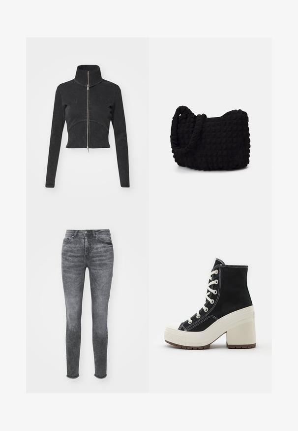 Cropped black denim jacket with a high collar, full zipper, and long sleeves. Features a curved seam design and subtle texture.; Black long-sleeve bodysuit with a high neck, featuring solid fabric on the torso and sheer mesh sleeves, designed in a fitted shape.; Skinny jeans in a faded gray wash, featuring a high waist, button closure, and distressed hem. Made from denim with subtle texture variations.; Black high-top boot with white laces, textured fabric, cream platform sole, and block heel. Features white stitching and rubber toe cap.; Black fabric bag with a textured, quilted pattern. Rounded shape, short, thick handles, and a soft, flexible structure.; Set of seven silver rings featuring various designs, including twisted, linked, and engraved patterns. Different shapes and widths.