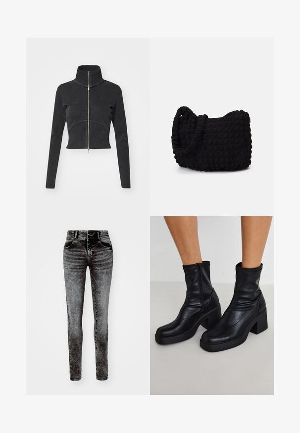 Chaqueta de denim negro cortada con cuello alto, cremallera completa y mangas largas. Presenta un diseño de costura curvada y una textura sutil.; Mameluco negro de manga larga con cuello alto, que presenta tejido sólido en el torso y mangas de malla transparente, diseñado en una forma ajustada.; Jeans ajustados en un lavado negro desgastado, con una cintura alta, parte superior acanalada, dos bolsillos delanteros y detalles de costura sutiles.; Botas de tobillo de cuero negro con un alto tacón cuadrado, con cremallera lateral, textura suave y diseño de punta afinada.; Bolsa de tela negra con un patrón texturizado y acolchado. Forma redondeada, asas cortas y gruesas, y una estructura blanda y flexible.; Conjunto de siete anillos de plata con diversos diseños, incluidos patrones retorcidos, enlazados y grabados. Diferentes formas y anchos.