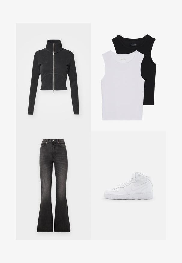 Lühendatud must denimpusa kõrge kraega, täispikkuse tõmblukuga ja pikkade varrukatega. Omab kõverat õmbluse disaini ja peent tekstuuri.; Kaks lühikeste varrukateta toppi mustas ja valges, valmistatud ribakudumist, ümarate kaelustega ja sobiva disainiga. Mõlemal on nähtavad sildid.; Musta laiemate säärega teksapüks, millel on kõrge vöökoht, metallist nööpkinnitus, viie tasku disain ja õrn fadeerumine kangas.; Valged kõrged tennisekesed, mis on valmistatud nahast, pehmendatud krae, augustatud varvas, nöörid ja reguleeritav pahkluu rihm; logo külgedel.