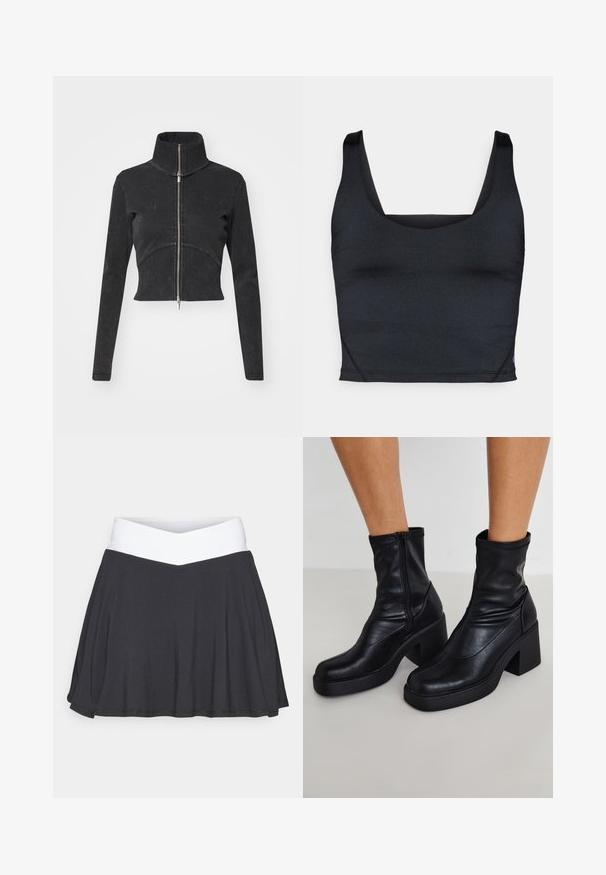 Lyhyeksi leikattu musta farkkutakki, jossa on korkea kaulus, täysipitkä vetoketju ja pitkät hihat. Siinä on kaareva saumakuviointi ja hienovarainen tekstuuri.; Musta lyhennetty tankkitoppi, jossa on sileä, joustava kangas, leveät olkaimet ja neliskulmainen pääntie, jossa on minimaalinen ompelusdetaili.; Musta skort, jossa on valkoinen ristiin menevä vyötärö. Valmistettu pehmeästä ja joustavasta kankaasta, jossa on liehuva muotoilu ja sileä pinta.; Mustat nahkaiset nilkkapopot, joissa on korkea lohkareinen korko, sivuvetoketju, sileä pinta ja kapeneva varvassuunnittelu.