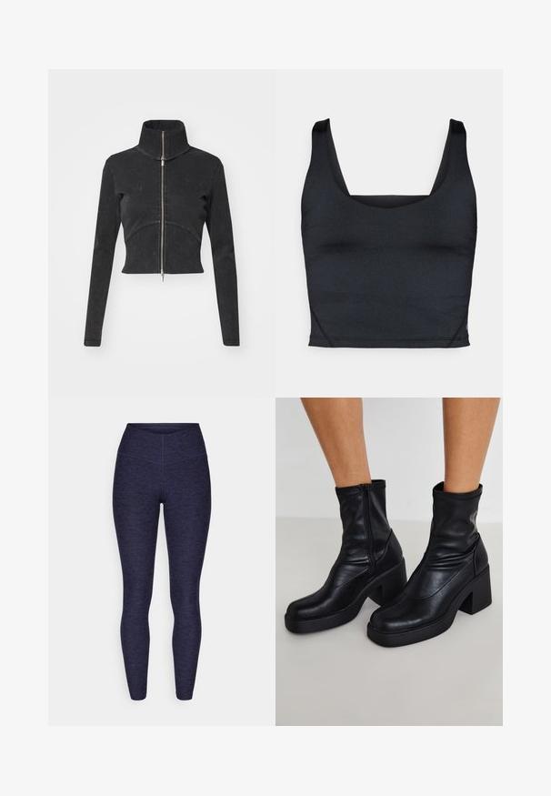 Avskuren svart denimjacka med hög krage, hel dragkedja och långa ärmar. Har en design med böjda sömmar och subtil textur.; Svart kort linne med ett mjukt, stretchigt tyg, breda axelband och en fyrkantig halsringning med minimala söm detaljer.; Marinblåa sportleggings gjorda av texturerat, elastiskt material med hög midja och släta sömmar för komfort och passform.; Svarta läderankelboots med hög klack, med en sidodragkedja, slät yta och en avsmalnande tådesign.