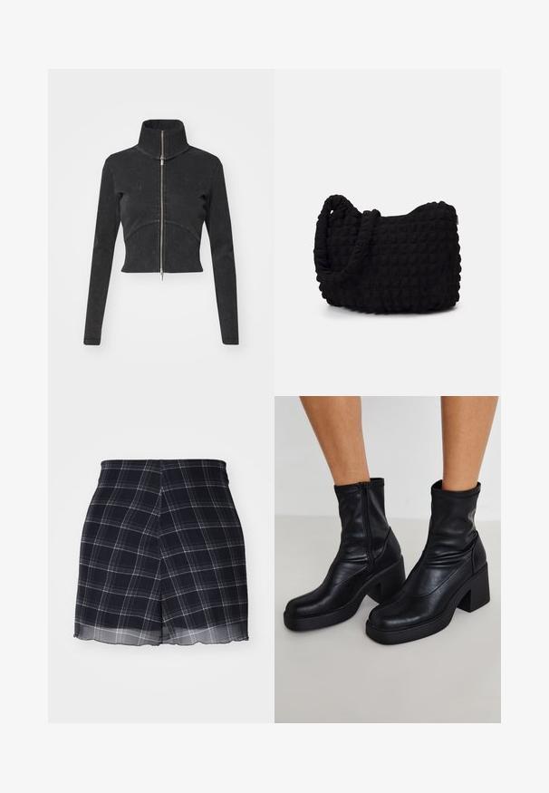 Κοντό μαύρο τζάκετ από τζιν με ψηλό γιακά, πλήρη φερμουάρ και μακριά μανίκια. Διαθέτει καμπύλη ραφή και λεπτή υφή.; Μπραλέτε σε navy και λευκό βαμβάκι με κοφτή λαιμόκοψη, λεπτές ρυθμιζόμενες τιράντες και εφαρμοστή σχεδίαση. Ετικέτα λογότυπου στο εσωτερικό της navy δημιουργίας.; Ναυτικές ριγέ σορτς από λείο, ελαφρύ ύφασμα. Περιλαμβάνει πτυχώσεις και διαφανές τελείωμα, με λευκά και ανοιχτό γκρι καρό σχέδια.; Μαύρα δερμάτινα μποτάκια στον αστράγαλο με ψηλό τετράγωνο τακούνι, διαθέτουν πλαϊνό φερμουάρ, λεία υφή και σχέδιο σε μύτη σε σχήμα κώνου.; Μαύρη υφασμάτινη τσάντα με υφή και ραμμένα σχέδια. Στρογγυλό σχήμα, κοντοί, χονδροί χειρολαβές και μαλακή, ευέλικτη κατασκευή.