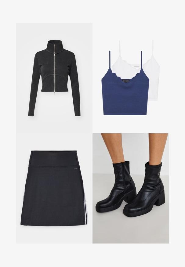 Avskuren svart denimjacka med hög krage, hel dragkedja och långa ärmar. Har en design med böjda sömmar och subtil textur.; Navy och vit bomull-bra med vågkantad halsringning, tunna justerbara axelband och en figursydd design. Logotag på insidan av den marinblå delen.; Svart atletisk skort med en bred midjeband, tillverkad av elastiskt tyg. Har vita sidostråkar och en slät, sömlös finish.; Svarta läderankelboots med hög klack, med en sidodragkedja, slät yta och en avsmalnande tådesign.