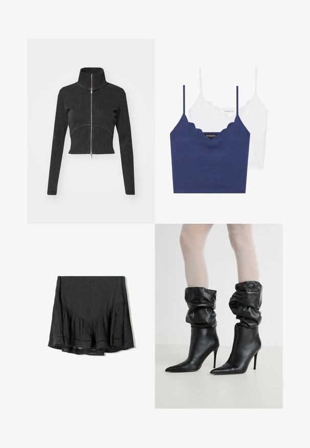 Skrajšana črna denim jakna z visokim ovratnikom, polnim zadrgo in dolgimi rokavi. Ima oblikovan šiv in subtilno teksturo.; Mornarsko modra in bela bombažna modra braletka z valovitim dekoltejem, tankimi nastavljivimi naramnicami in prilegajočim dizajnom. Oznaka z logotipom na notranji strani mornarsko modrega kosa.; Črna krila z večplastnim volančkom, izdelana iz teksturiranega materiala. Ima izreze ob spodnjem robu in V-obliko na vrhu.; Črne usnjene gležnjarje z ohlapnim dizajnom, koničastim nosom in visokim stiletto peto, ki imajo mehak, teksturiran zaključek okoli zaveza.