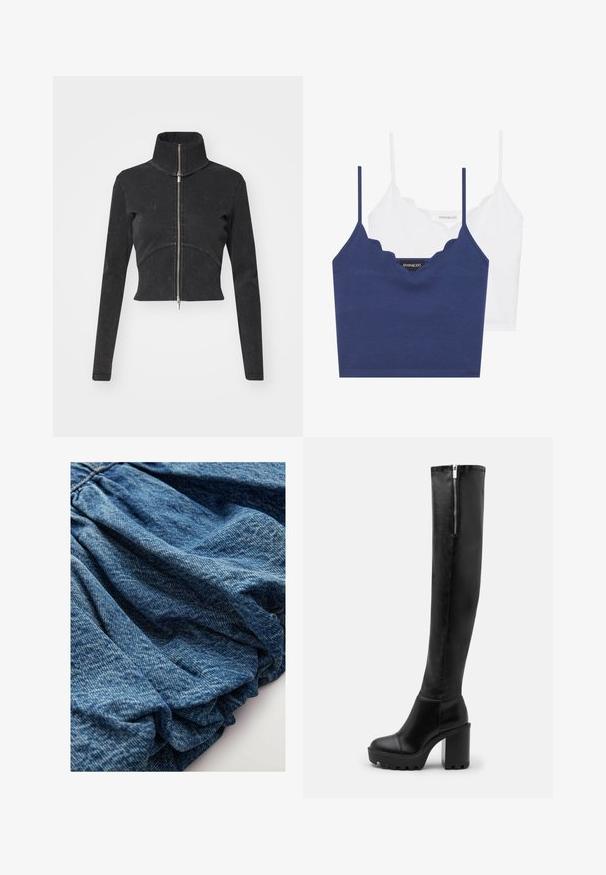 Geschnittene schwarze Jeansjacke mit hohem Kragen, vollem Reißverschluss und langen Ärmeln. Verfügt über ein gewelltes Nahtdesign und subtile Textur.; Marineblaues und weißes Baumwoll-Bralette-Set mit gewelltem Ausschnitt, dünnen verstellbaren Trägern und tailliertem Design. Logotag auf der Innenseite des marineblauen Teils.; Denimstoff in einem tiefen Blauton, mit geraffter Textur, die sanfte Falten erzeugt. Glatte Oberfläche mit subtilen Farbvariationen.; Even&Odd High Heel Stiefel - black