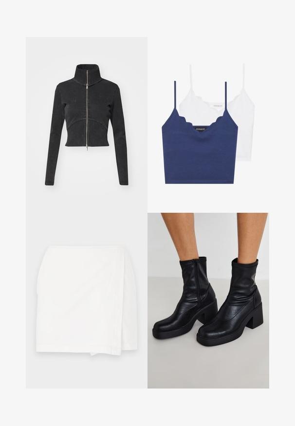 Rövidített fekete farmerdzseki magas gallérral, teljes cipzárral és hosszú ujjal. Ívelt varrásdizájn és finom textúra jellemzi.; Tengerészkék és fehér pamut melltartó szett fodrozott nyakkivágással, vékony állítható pántokkal és testhez simuló fazonnal. Logócímke a tengerészkék rész belső oldalán.; Fehér, egyenes vonalú szoknya, keresztezett fazonnal és letisztult szélekkel. Könnyű anyagból készült, sima tapintású, látható minták nélkül.; Fekete bőr bokacsizma magas blokk sarkakkal, oldalsó cipzárral, sima textúrával és hegyes orrformával.