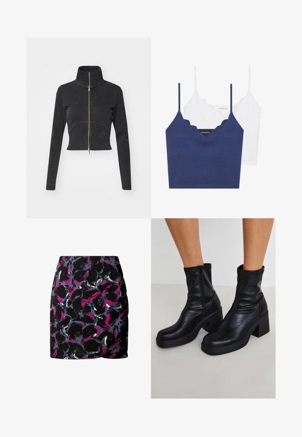 Skrajšana črna denim jakna z visokim ovratnikom, polnim zadrgo in dolgimi rokavi. Ima oblikovan šiv in subtilno teksturo.; Mornarsko modra in bela bombažna modra braletka z valovitim dekoltejem, tankimi nastavljivimi naramnicami in prilegajočim dizajnom. Oznaka z logotipom na notranji strani mornarsko modrega kosa.; Črna krilo z rožnatim vzorcem v vijolični, modri in beli barvi. Iz lahkega materiala z oprijeto zasnovo in nabranimi detajli.; Črne usnjene gležnjarje z visokim blokastim petam, z stranskim zadrgo, gladko teksturo in koničastim oblikovanjem prstov.