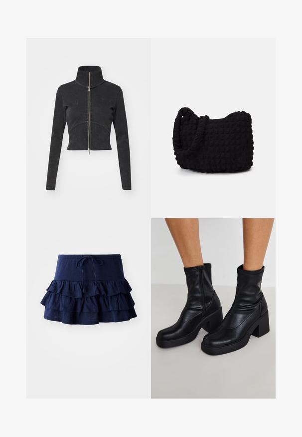 Pasukta juoda džinsinė striukė su aukšta apykakle, visišku užtrauktuku ir ilgomis rankovėmis. Pasižymi kreivų siūlių dizainu ir subtiliu tekstūriškumu.; Tamsiai mėlynas ir baltas medvilninis braletės komplektas su banguotu iškirpimu, plonomis reguliuojamomis petnešėlėmis ir prigludusia siluetu. Logotipo etiketė vidinėje tamsiai mėlynos dalies pusėje.; Tamsiai mėlyna raukšlėta mini sijonas su virvute juostos. Sudarytas iš trijų sluoksnių volanų, pagamintas iš minkštos, lengvos medžiagos.; Juodos odinės kotarinės botinai su aukštu blokuotu kulnu, šonu užtrauktuku, lygiu paviršiumi ir siaurėjantįjį plyšį dizainu.; Juodas audinio maišelis su tekstūruota, siuvinėta raštu. Apvalios formos, trumpi, stori rankenėlės ir minkšta, lanksti struktūra.