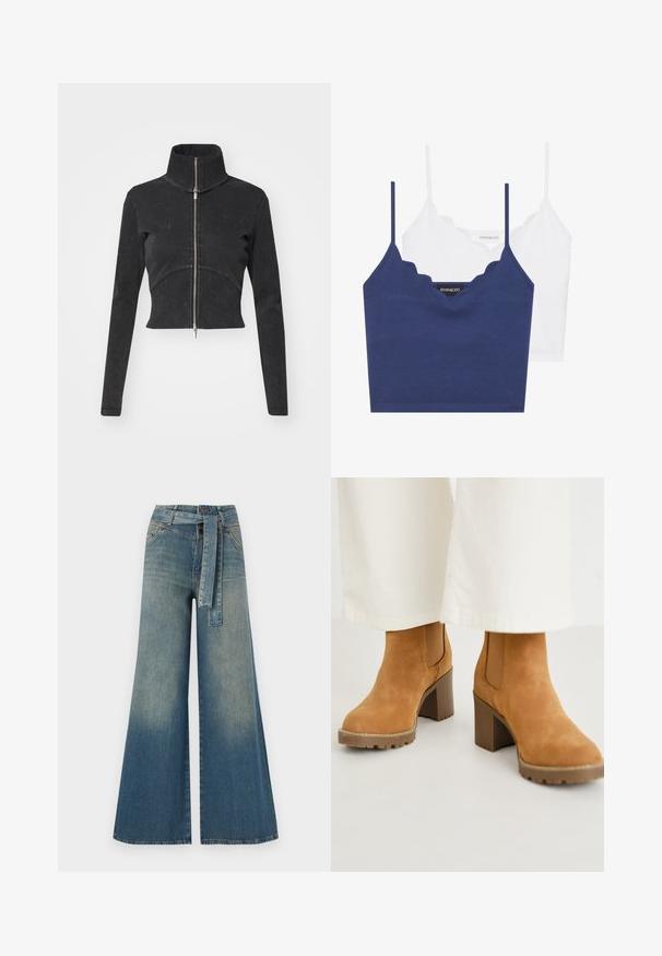 Veste en denim noir coupée avec un col haut, une fermeture éclair complète et des manches longues. Présente un design à couture courbée et une texture subtile.; Ensemble de bralette en coton marine et blanc avec un décolleté festonné, des bretelles fines et ajustables, et une coupe ajustée. Étiquette logo sur le côté intérieur de la pièce marine.; Pantalons en denim à jambe large présentant un dégradé de bleu clair à bleu foncé, taille haute, passants de ceinture et une ceinture en tissu assortie. Finition en denim texturé.; Bottes chelsea en daim beige avec un talon bloc épais, dotées de panneaux élastiques sur les côtés et d'une semelle robuste pour une meilleure traction. Tige texturée avec des détails de couture.
