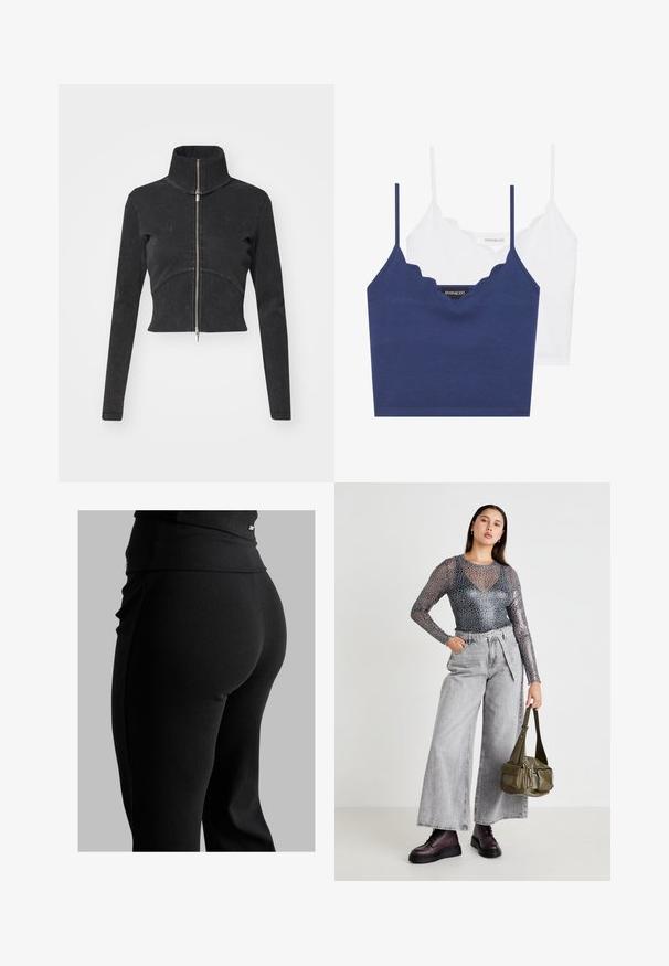 Przycięta czarna kurtka dżinsowa z wysokim kołnierzem, pełnym zamkiem i długimi rękawami. Posiada krzywą linię szwu i subtelną fakturę.; Niebieski i biały bawełniany zestaw biustonosza z falbaniastym dekoltem, cienkimi regulowanymi ramiączkami oraz dopasowanym krojem. Metka z logo po wewnętrznej stronie niebieskiej części.; Czarne prążkowane legginsy z wysokim stanem, dopasowanym krojem i gładką teksturą. Zawierają subtelną metalową ozdobę na pasku.; Przezroczysty szary top w cętki z długim rękawem, szare jeansy z wysokim stanem i szerokimi nogawkami, burgundowe botki oraz oliwkowa torebka.