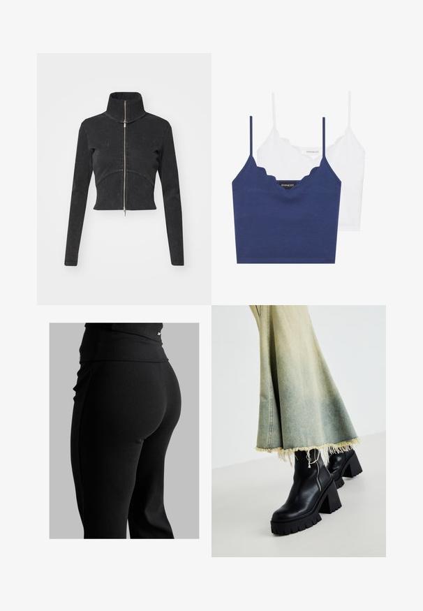 Jachetă din denim negru, tăiată, cu guler înalt, fermoar complet și mâneci lungi. Oferă un design cu cusături curbe și o textură subtilă.; Set de bralette din bumbac navy și alb cu decolteu zimțat, bretele subțiri reglabile și un design ajustat. Etichetă cu logo pe partea interioară a piesei navy.; Leggings negre cu un model ribanat, care prezintă un talie înaltă, o formă ajustată și o textură netedă. Include un detaliu subtil de metal pe talie.; Cizme negre din piele până la gleznă, cu o talpă texturată voluminoasă, asortate cu o fustă din denim decolorată, cu margini desfăcute. Detaliu cu fermoar pe lateral.