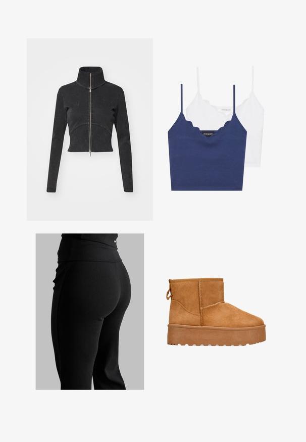 Chaqueta de denim negro cortada con cuello alto, cremallera completa y mangas largas. Presenta un diseño de costura curvada y una textura sutil.; Conjunto de bralette de algodón en navy y blanco con escote en forma de ondas, tirantes delgados ajustables y un diseño ajustado. Etiqueta de logo en el lado interior de la pieza navy.; Leggings negros de canalé con una cinturilla alta, forma ajustada y textura suave. Incluye un sutil detalle de hardware en la cinturilla.; Botín de ante color marrón claro con una suela de plataforma gruesa, puntera redondeada y una pestaña en la parte trasera. Costuras visibles en los lados.