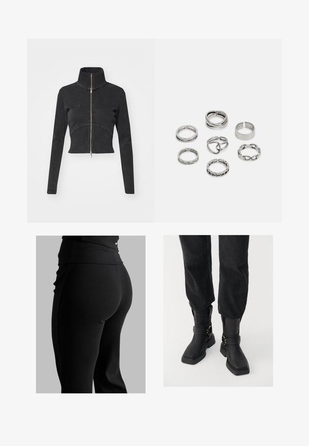 Izgriezta melna džinsu jaka ar augstu apkakli, pilnu rāvējslēdzēju un garām piedurknēm. Iezīmējas ar izliekto šuvju dizainu un smalku tekstūru.; Jūras spēku un baltā kokvilnas bralete ar viļņotu dekoltē, plānām regulējamām siksnām un pieguļošu dizainu. Zīmola birka ir uz iekšējās puses jūras spēku krāsā.; Melni ribētu legingi ar augstu jostasvietu, pieguļošu formu un gludu tekstūru. Iekļauti smalki detaļas pie jostasvietas.; Melnas ādas potīšu zābaki ar kvadrātveida purngalu, ar plašu jostu un metāla sprādzi. Zābakiem ir masīva zole un gluda virsma.; Septi sudraba gredzeni ar dažādām dizaina iezīmēm, ieskaitot savītas, savienotas un iegravētas formas. Atšķirīgas formas un platumi.