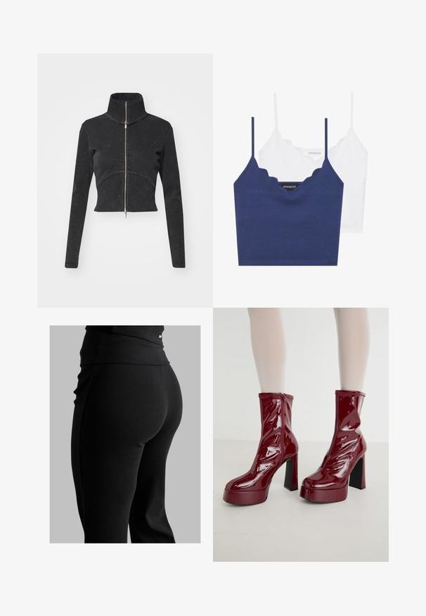 Lyhyeksi leikattu musta farkkutakki, jossa on korkea kaulus, täysipitkä vetoketju ja pitkät hihat. Siinä on kaareva saumakuviointi ja hienovarainen tekstuuri.; Navy ja valge puuvillane bralette komplekt, millel on laineline kaelus, õhukesed reguleeritavad rihmad ja istuv disain. Logo silt on tumeda tükki sisepinnal.; Mustat ribatut legginsit, joissa on korkea vyötärö, vartalonmyötäinen muoto ja sileä pinta. Mukana on huomaamaton varuste yksityiskohtana vyötäröllä.; Burgundin väriset patenttitempussa olevat nilkkurit korkealla lohkakorkolla, vetoketjukiinnitys ja aaltoa muistuttava muotoilu edessä. Sileä, kiiltävä pinta.
