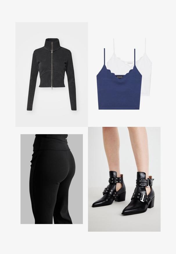 Geschnittene schwarze Jeansjacke mit hohem Kragen, vollem Reißverschluss und langen Ärmeln. Verfügt über ein gewelltes Nahtdesign und subtile Textur.; Marineblaues und weißes Baumwoll-Bralette-Set mit gewelltem Ausschnitt, dünnen verstellbaren Trägern und tailliertem Design. Logotag auf der Innenseite des marineblauen Teils.; Schwarze, gerippte Leggings mit hohem Bund, figurbetonter Form und glatter Textur. Mit dezentem Hardware-Detail am Bund.; Schwarze Lederknöchelstiefel mit spitzen Zehen, ausgestattet mit Ösen und zwei verstellbaren Schnallen. Blockabsätze sorgen für Stabilität.