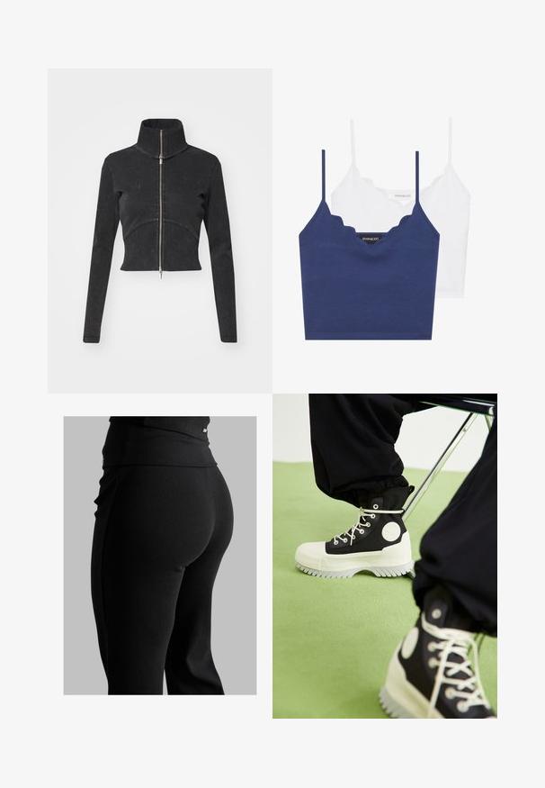 Izgriezta melna džinsu jaka ar augstu apkakli, pilnu rāvējslēdzēju un garām piedurknēm. Iezīmējas ar izliekto šuvju dizainu un smalku tekstūru.; Jūras spēku un baltā kokvilnas bralete ar viļņotu dekoltē, plānām regulējamām siksnām un pieguļošu dizainu. Zīmola birka ir uz iekšējās puses jūras spēku krāsā.; Melni ribētu legingi ar augstu jostasvietu, pieguļošu formu un gludu tekstūru. Iekļauti smalki detaļas pie jostasvietas.; Converse CHUCK TAYLOR ALL STAR LUGGED 2.0 PLATFORM COUNTER CLIMATE EXTRA HIGH - Šņorējami puszābaki - black/egret