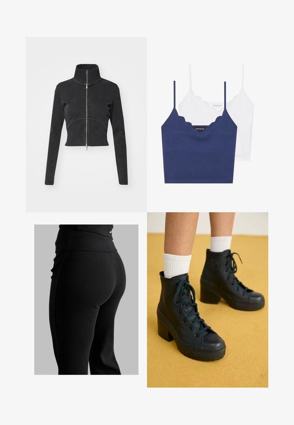 Kappet svart denimjakke med høy krage, hel glidelås og lange ermer. Har buet sømdesign og subtil tekstur.; Marineblå og hvit bomull brystholder-sett med scallop-kant, tynne justerbare stropper og en kroppsnær passform. Logomerke på innsiden av den marineblå delen.; Svarte ribbede leggings med høy midje, tilpasset fasong og glatt tekstur. Inkluderer diskret hardware-detalj på midjebåndet.; Svarte høyhælte joggesko med teksturert overflate, snøring, gummitåhette og kraftige hæler, kombinert med hvite, ribbede ankelsokker.