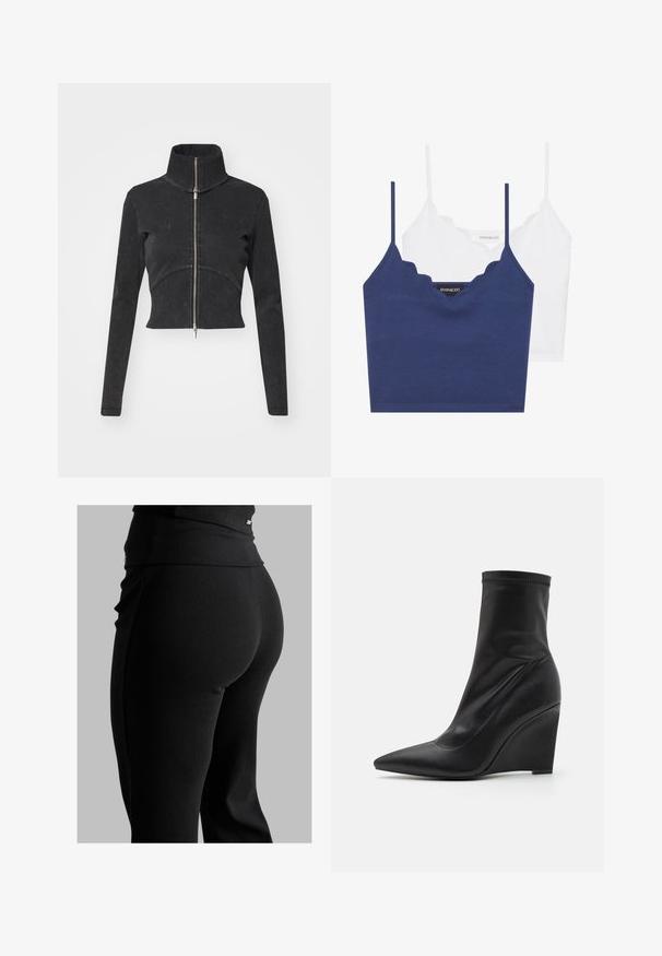 Skraćena crna traper jakna s visokim ovratnikom, punim zatvaračem i dugim rukavima. Ima dizajn zakrivljenih šavova i suptilnu teksturu.; Set od pamuka u mornarsko plavoj i bijeloj boji s valovitim izrezom, tankim podesivim naramenicama i prilegajućim dizajnom. Oznaka s logotipom na unutarnjoj strani mornarsko plavog dijela.; Crne rebraste tajice s visokim pojasom, oblikom koji se lijepo prilagođava tijelu i glatkom teksturom. Uključuju diskretan detalj od hardvera na pojasu.; RAID BETTA - Gležnjače s visokom petom - black