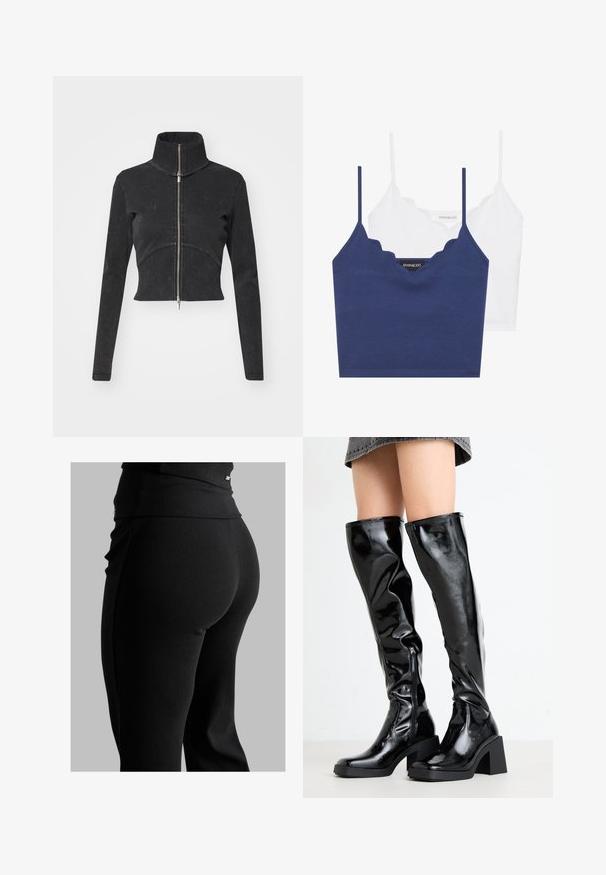 Geknipte zwarte denimjasje met hoge kraag, volledige rits en lange mouwen. Bevat een gebogen naadontwerp en subtiele textuur.; Navy en witte katoenen bralette set met een scalloped halslijn, dunne verstelbare bandjes en een aansluitend ontwerp. Logo label aan de binnenzijde van het navy stuk.; Zwarte geribde leggings met een hoge tailleband, een strak gevormde pasvorm en een gladde textuur. Bevat subtiele hardwaredetails op de tailleband.; Zwarte, glanzende laarzen tot de knie met een vierkante neus en een robuuste hak. Heeft een rits aan de zijkant en een aansluitend, gestructureerd ontwerp.