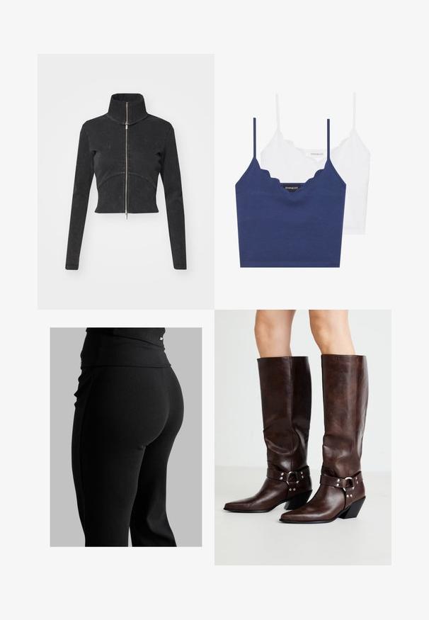 Skraćena crna traper jakna s visokim ovratnikom, punim zatvaračem i dugim rukavima. Ima dizajn zakrivljenih šavova i suptilnu teksturu.; Set od pamuka u mornarsko plavoj i bijeloj boji s valovitim izrezom, tankim podesivim naramenicama i prilegajućim dizajnom. Oznaka s logotipom na unutarnjoj strani mornarsko plavog dijela.; Crne rebraste tajice s visokim pojasom, oblikom koji se lijepo prilagođava tijelu i glatkom teksturom. Uključuju diskretan detalj od hardvera na pojasu.; RAID NEVIS - Kaubojske/motorističke čizme - brown