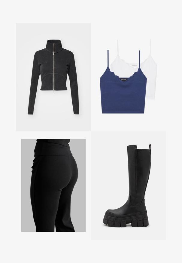 Rövidített fekete farmerdzseki magas gallérral, teljes cipzárral és hosszú ujjal. Ívelt varrásdizájn és finom textúra jellemzi.; Tengerészkék és fehér pamut melltartó szett fodrozott nyakkivágással, vékony állítható pántokkal és testhez simuló fazonnal. Logócímke a tengerészkék rész belső oldalán.; Fekete bordás leggings, magas derékkal, testhez simuló formával és sima textúrával. Diszkrét hardware részlet a derékrészen.; Buffalo GOSPHER STRETCH BOOT - Platform csizmák - black