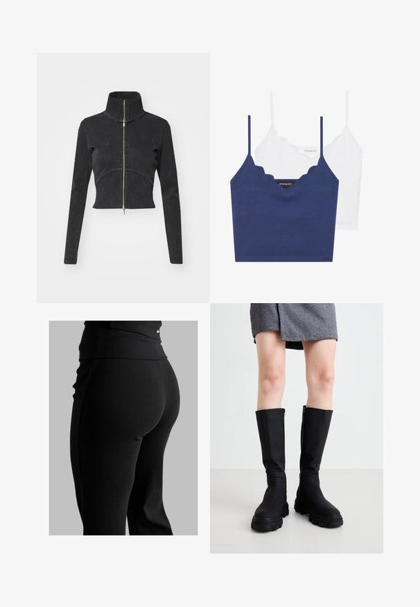 Cropped black denim jacket with a high collar, full zipper, and long sleeves. Features a curved seam design and subtle texture.; Navy and white cotton bralette set with scalloped neckline, thin adjustable straps, and a fitted design. Logo tag on inner side of the navy piece.; Black ribbed leggings featuring a high waistband, form-fitting shape, and smooth texture. Includes subtle hardware detail on waistband.; Black knee-high boots with a smooth finish, chunky soles, and a subtle side zipper. Stylishly paired with a gray herringbone skirt.