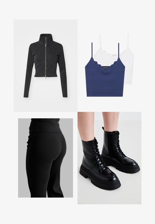 Veste en denim noir coupée avec un col haut, une fermeture éclair complète et des manches longues. Présente un design à couture courbée et une texture subtile.; Ensemble de bralette en coton marine et blanc avec un décolleté festonné, des bretelles fines et ajustables, et une coupe ajustée. Étiquette logo sur le côté intérieur de la pièce marine.; Leggings noirs côtelés avec une taille haute, une coupe moulante et une texture lisse. Comprend un détail matériel subtil sur la taille.; Bottines en cuir noir avec une semelle épaisse, un devant lacé et une fermeture éclair sur le côté ; présente une finition lisse et un embout surélevé.