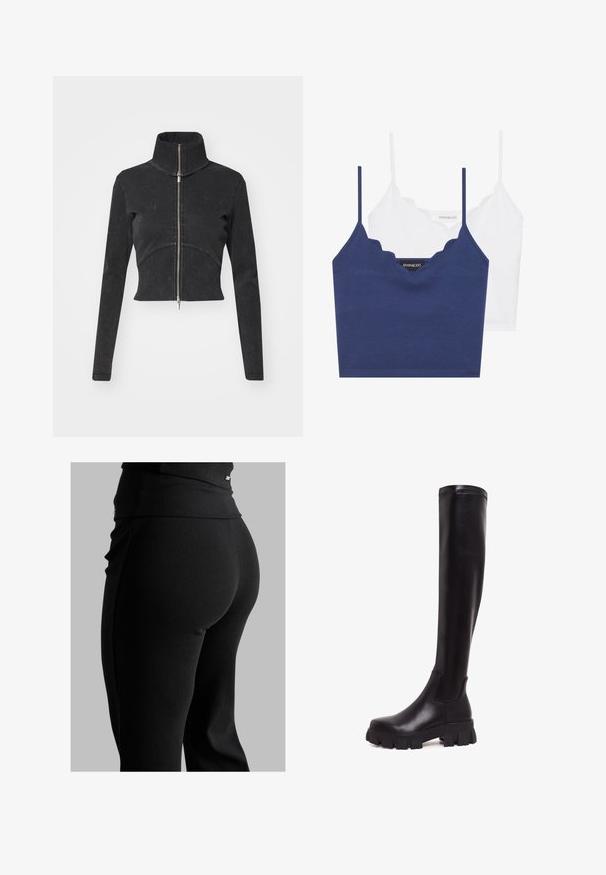 Przycięta czarna kurtka dżinsowa z wysokim kołnierzem, pełnym zamkiem i długimi rękawami. Posiada krzywą linię szwu i subtelną fakturę.; Niebieski i biały bawełniany zestaw biustonosza z falbaniastym dekoltem, cienkimi regulowanymi ramiączkami oraz dopasowanym krojem. Metka z logo po wewnętrznej stronie niebieskiej części.; Czarne prążkowane legginsy z wysokim stanem, dopasowanym krojem i gładką teksturą. Zawierają subtelną metalową ozdobę na pasku.; Czarne skórzane botki do kolan o gładkim wykończeniu, zaokrąglonym nosku i masywnej, teksturowanej podeszwie. Posiadają elastyczną boczną wstawkę dla lepszego dopasowania.