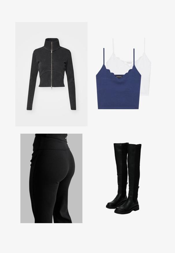 Rövidített fekete farmerdzseki magas gallérral, teljes cipzárral és hosszú ujjal. Ívelt varrásdizájn és finom textúra jellemzi.; Tengerészkék és fehér pamut melltartó szett fodrozott nyakkivágással, vékony állítható pántokkal és testhez simuló fazonnal. Logócímke a tengerészkék rész belső oldalán.; Fekete bordás leggings, magas derékkal, testhez simuló formával és sima textúrával. Diszkrét hardware részlet a derékrészen.; Fekete, térd feletti csizma sima bőrből, bordázott textilszegélyekkel, lapos talppal és széles, strukturált formával.