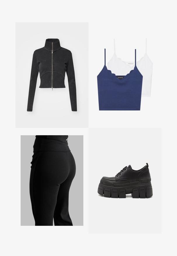Zkrácená černá džínová bunda s vysokým límcem, plným zipem a dlouhými rukávy. Má zakřivený šev a jemnou strukturu.; Sada bavlněného braletku v námořnické modré a bílé barvě se zvlněným výstřihem, tenkými nastavitelnými ramínky a přiléhavým střihem. Hlavní značka je na vnitřní straně námořnického kousku.; Černé žebrované leginy s vysokým pasem, přiléhavým střihem a hladkou texturou. Obsahují jemný kovový detail v pase.; Černé platformové tenisky s hladkým koženým svrškem, šněrováním, silnou gumovou podrážkou a logem na boku.