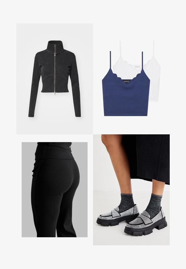 Veste en denim noir coupée avec un col haut, une fermeture éclair complète et des manches longues. Présente un design à couture courbée et une texture subtile.; Ensemble de bralette en coton marine et blanc avec un décolleté festonné, des bretelles fines et ajustables, et une coupe ajustée. Étiquette logo sur le côté intérieur de la pièce marine.; Leggings noirs côtelés avec une taille haute, une coupe moulante et une texture lisse. Comprend un détail matériel subtil sur la taille.; Chaussures noires à enfiler avec des embellissements en strass, semelles épaisses noires et chaussettes texturées grises contrastantes. Conception décontractée et distinctive.
