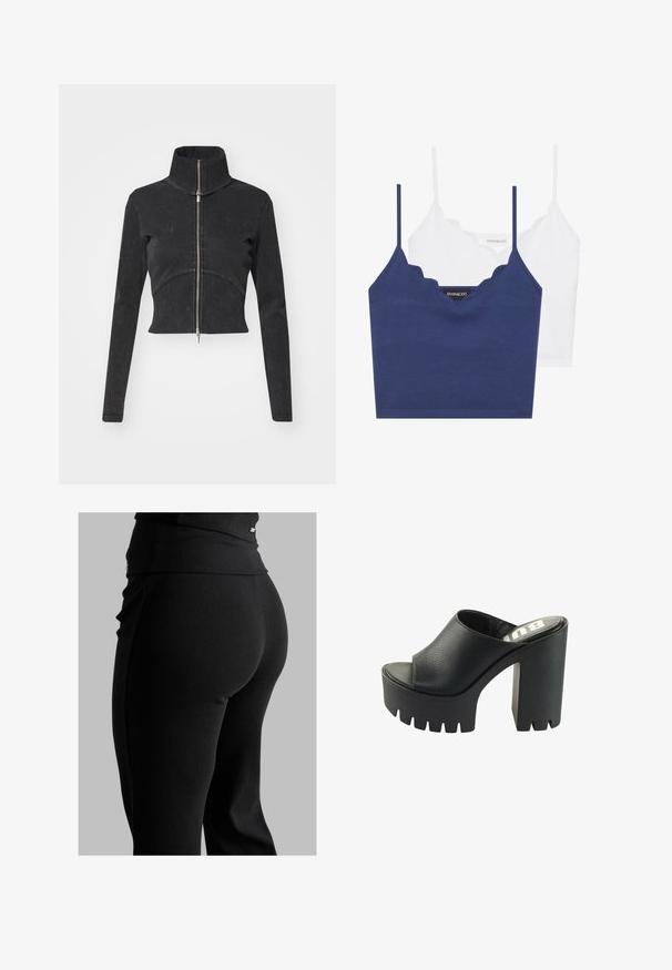 Izgriezta melna džinsu jaka ar augstu apkakli, pilnu rāvējslēdzēju un garām piedurknēm. Iezīmējas ar izliekto šuvju dizainu un smalku tekstūru.; Jūras spēku un baltā kokvilnas bralete ar viļņotu dekoltē, plānām regulējamām siksnām un pieguļošu dizainu. Zīmola birka ir uz iekšējās puses jūras spēku krāsā.; Melni ribētu legingi ar augstu jostasvietu, pieguļošu formu un gludu tekstūru. Iekļauti smalki detaļas pie jostasvietas.; Melnas platformas muļķes ar teksturētu ādas virsu, atvērtu purngalu un masīvu, ribotu papēdi. Vienkāršs dizains ar gludu iekšējo odere.