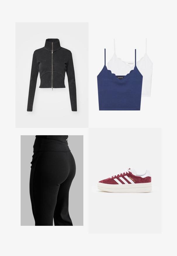 Zkrátená čierna denimová bunda s vysokým golierom, plným zipsom a dlhými rukávmi. Obsahuje zakrivený ševový dizajn a jemnú textúru.; Námornícka a biela bavlnená podprsenka s okrajom s vlnkami, tenkými nastaviteľnými ramienkami a priliehavým strihom. Logo štítok na vnútornej strane námorníckeho kúsku.; Čierne rebrované legíny s vysokým pásom, priliehavým strihom a hladkou textúrou. Obsahujú jemný detail so zapínaním na páse.; adidas Originals GAZELLE BOLD - Tenisky - shadow red/footwear white/core white
